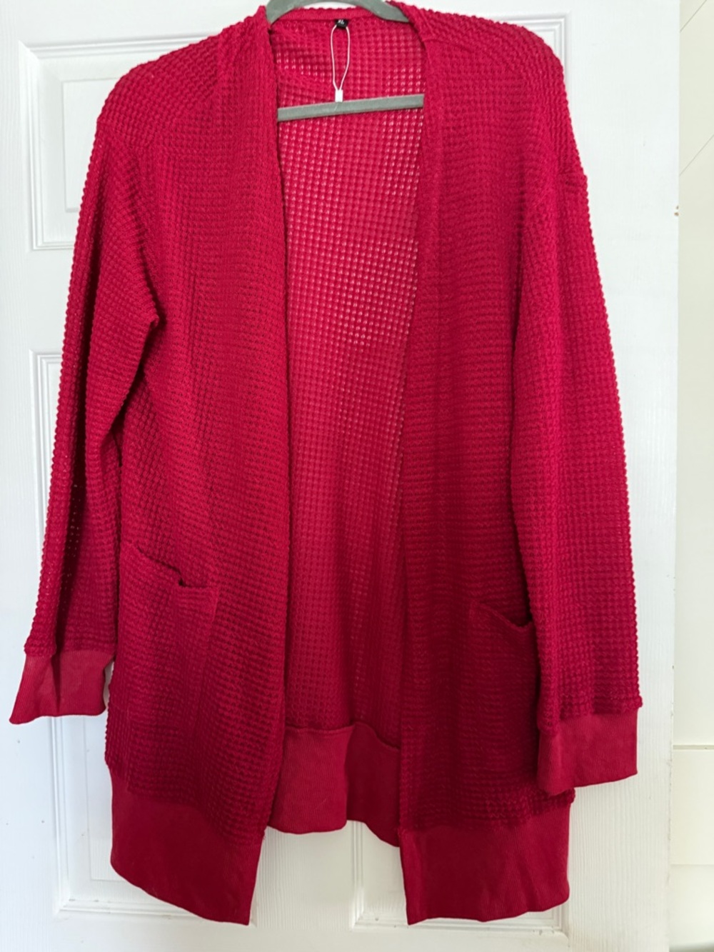 Women’s Open-Front Red Waffle Knit Cardigan